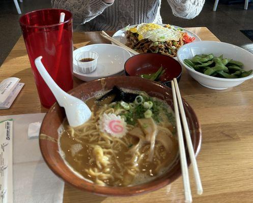 Miso Ramen, Edamame, Shrimp Shumai, yakisoba