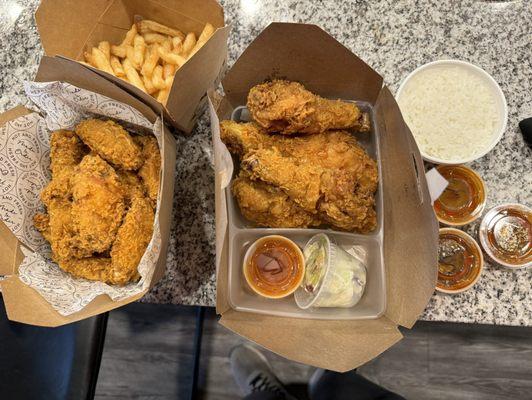 Drumsticks Plate Combo 10 Piece Wings Steamed Rice French Fries Coleslaw