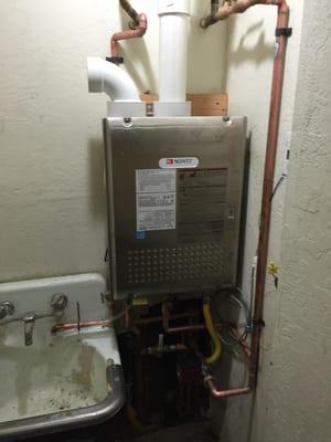 Noritz tankless water heater installed @ 18/80 men's salon in Westlake, ca.