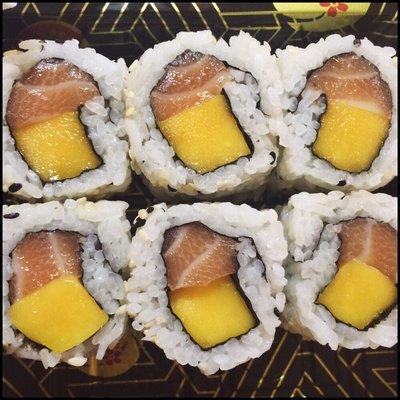 Mango salmon roll-- our mango is ripe and slightly sweet! salmon is fresh and packed with omega 3's for a healthy heart!