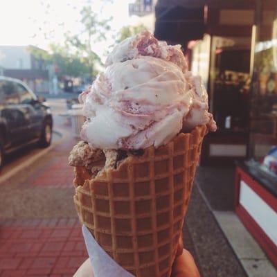 Fully loaded waffle cone. Manhattan Raspberry Chip and Irish Creme Cappuccino!