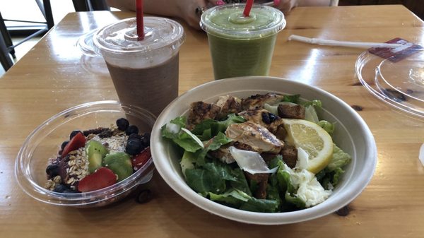 Chicken Caesar Salad Kale Crush Smoothie Chocolate Shake Açaí Bowl