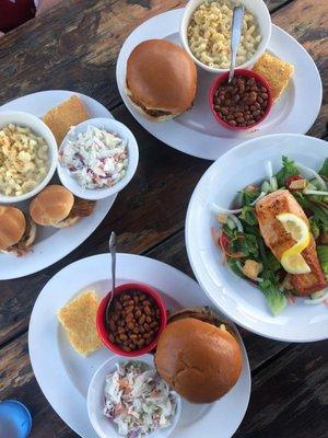 Pulled pork sandwich, pulled chicken sandwich, sliders, and salmon salad