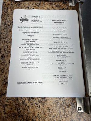 Breakfast menu