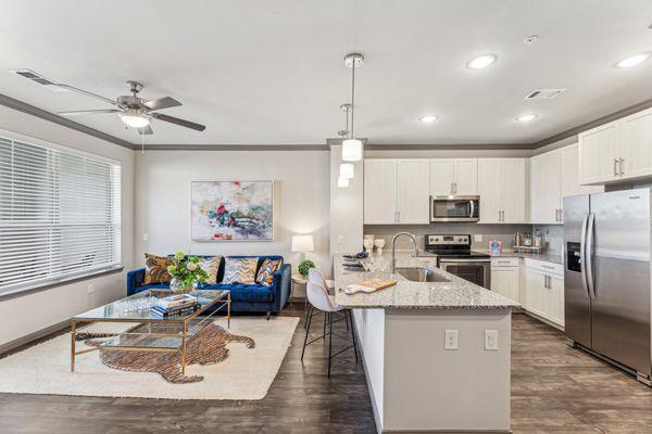 kitchen with island and attached living room