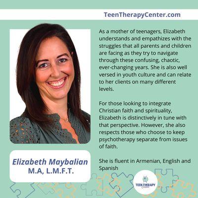 Elizabeth Maybalian is a Licensed Marriage and Family Therapist at Teen Therapy Center.