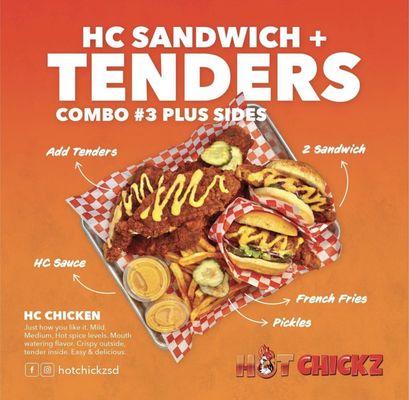 Chickz Combo #3: 2 hot chickz sandwiches + tenders + fries + hot chickz sauce