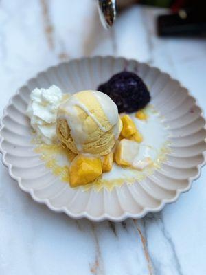 Ube sticky rice and Mango ice cream