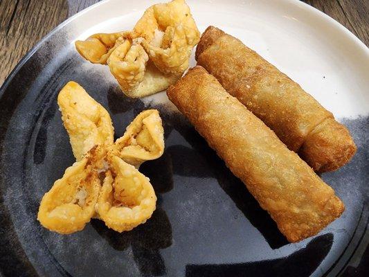 Crab Rangoon and chicken spring roll