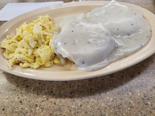 light breakfast--2 scrambled eggs and biscuits and gravy