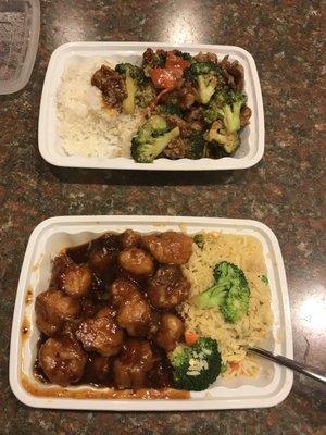 Beef & Broccoli Combo w/ White Rice, and General Tso's Combo w/ Fried Rice. Yum!