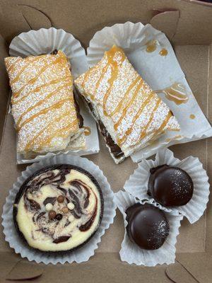 Caramel-drizzled pastry (too) / Chocolate swirl cheesecake (bottom left) / Oreo cake bomb (bottom right)