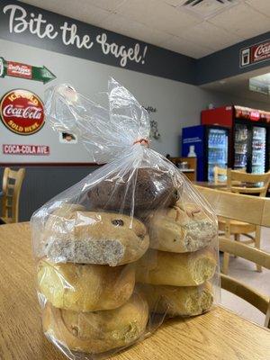 Jalapeño cheddar, egg, French toast, cinnamon raisin and chocolate chip bagels.