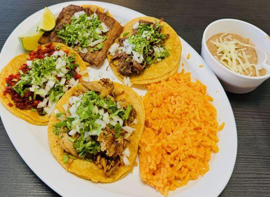 3 Taco Combo (carnitas, cecina, chorizo + a barbacoa with rice and beans