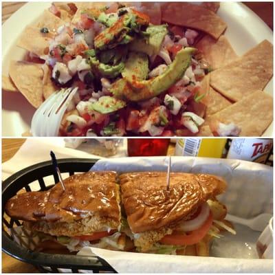 Tostada de ceviche and sandwich de filete