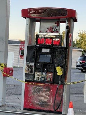 A recent fire here makes the sign at the top of the pump a bit ironic. Fortunately the other pumps are still working.