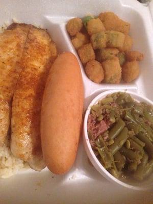 Broiled fish, fried okra and green beans with a breadstick