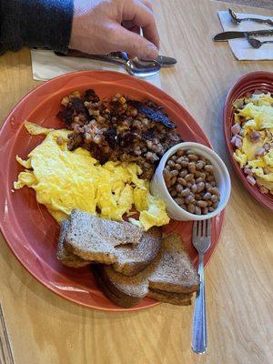 Beans wheat toast corn beef hash cheese omelette