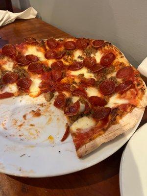 Pepperoni sausage wood oven baked pizza, delicious.