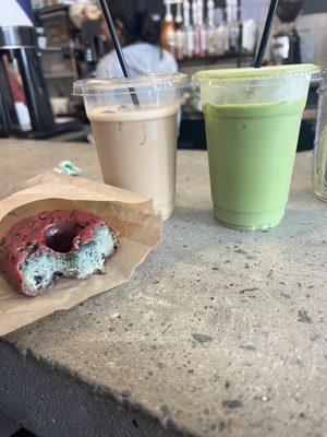 On the left it's their oat milk draft latte and on the right it's the matcha latte with rose syrup and a blueberry donut.