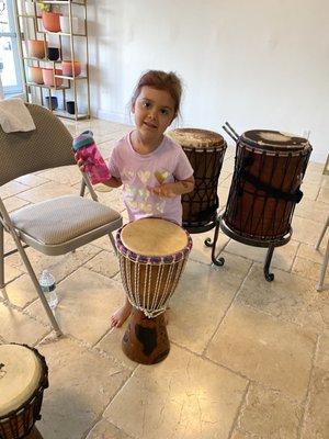 My granddaughter first class of Djembe Drum with Grecia