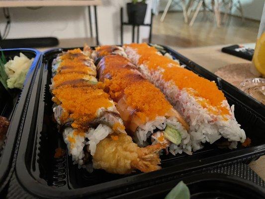 (Left to right): dragon roll, rainbow roll, galaxy roll