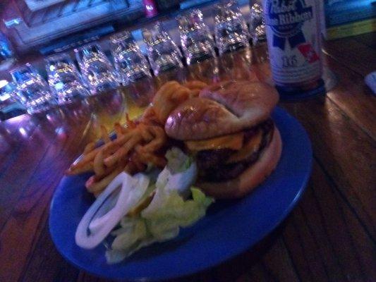 Double cheeseburger w curly fries.