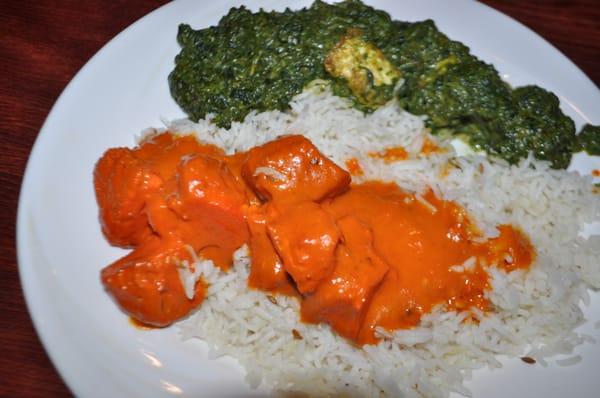 Saag Paneer and Chicken Tikka Masala over rice.  Note the clean chunks of tandoor chicken breast and the fresh browned cheese