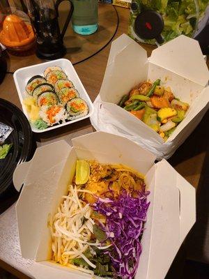 Vegan sushi, kung pao chicken, pad Thai with soy beef