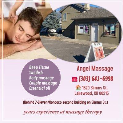 Angel Massage
1520 Simms St, Lakewood, CO 80215
Behind 7-Eleven/Concoco second building on Simms St.
Phone: (303) 641-6998