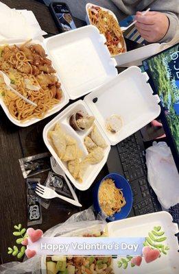 Cashew chicken, orange chicken, rice and noodles, pork noodles, potstickers with gyoza. Yummmm