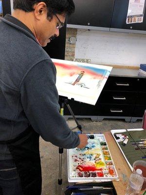 Watercolor demonstration by Sujit Sudhi during the gET bEHIND the aRTs Studio Tour, April 29, 2018