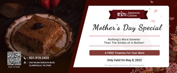 Mizu offers FREE Tiramisu Dessert on Mother's Day!