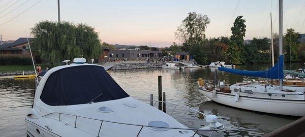 outdoor dining on Cayuga lake across from the crew team boathouses.