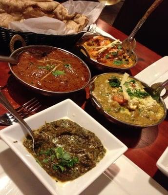 Delightful dinner at Royal India:  Saag, Navratan Korma, Butter Chicken and Lamb with Naan.