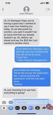 Screen shot of conversation with 7 hills management.