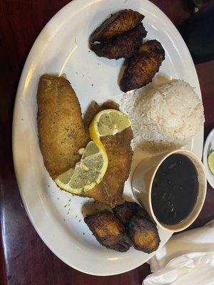 Fried Tilapia, double sweet plantains, white rice & black beans