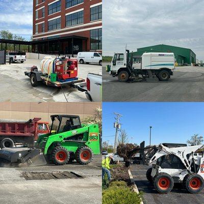 Steam cleaning, Parking lot sweeping, Yard Trenching, Pothole repair and shrub removal. Its been a busy springtime!