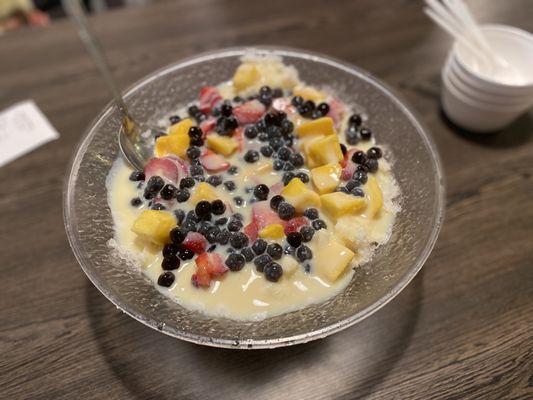 Small Shaved Ice with 3 Toppings (strawberry/Mango/boba). We shared this as a family of 4.