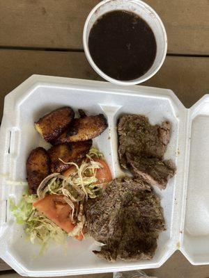 Churrasco Skirt Steak with Plantains, Salad and Black Beans