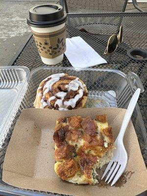 Gluten free Strata and cinnamon roll with a blackberry vanilla latte.