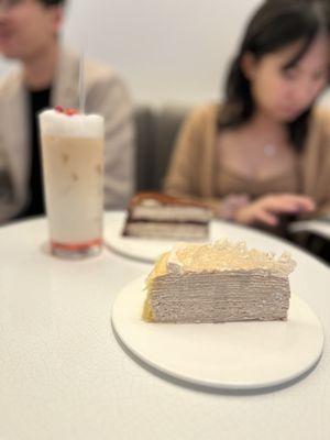 Champagne slice Tiramisu slice (in the back) Rose tea latte