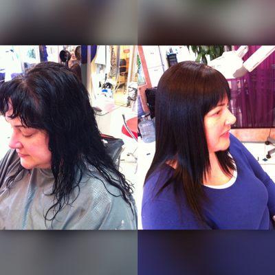 Frizzy fine colored fine hair done with Japanese Straigthening solution came out super straight (before /after) by Anne