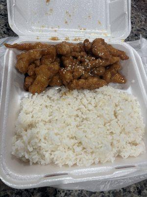 Sesame chicken and white rice this meal costed me $10.70