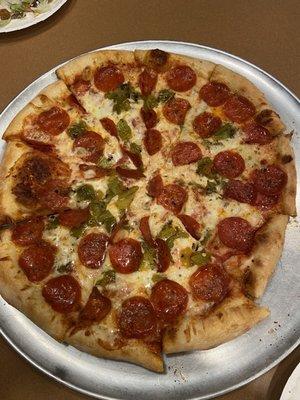 Green chili pepperoni pizza