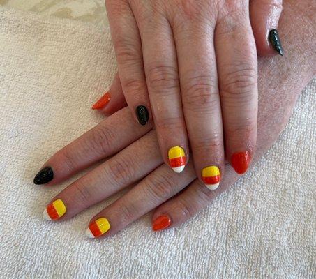 Candy corn nails!  Gel, almond shaped manicure