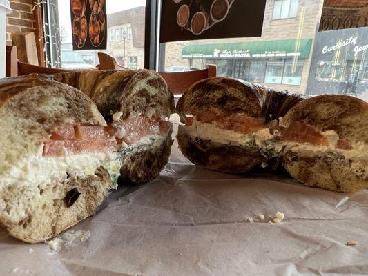 Rye pumpernickel bagel with scallion CC and tomato