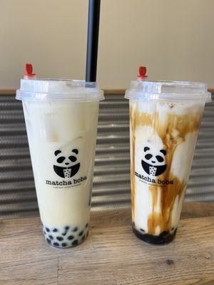 Lavender Milk Tea with Boba. Brown Sugar Milk Tea with Boba