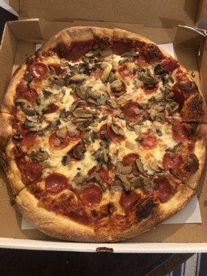 Plain pizza with mushrooms, onions, and pepperoni