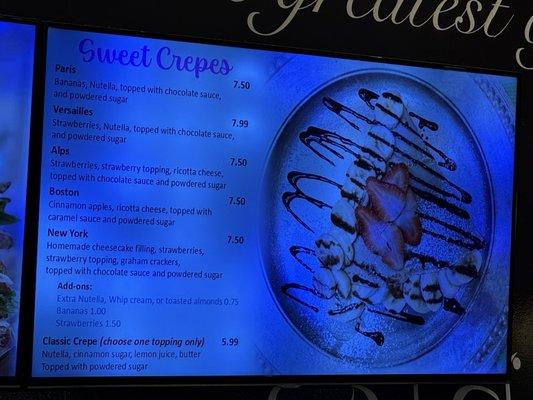 Sweet crepe menu